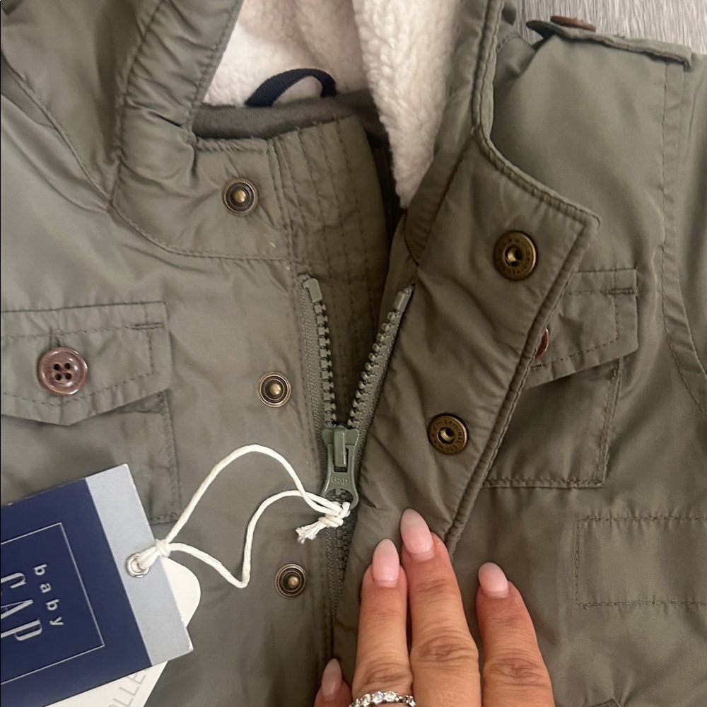 NWT GAP Khaki Green Hooded Jacket with Button Accents 6-12 Months - Picture 4 of 8